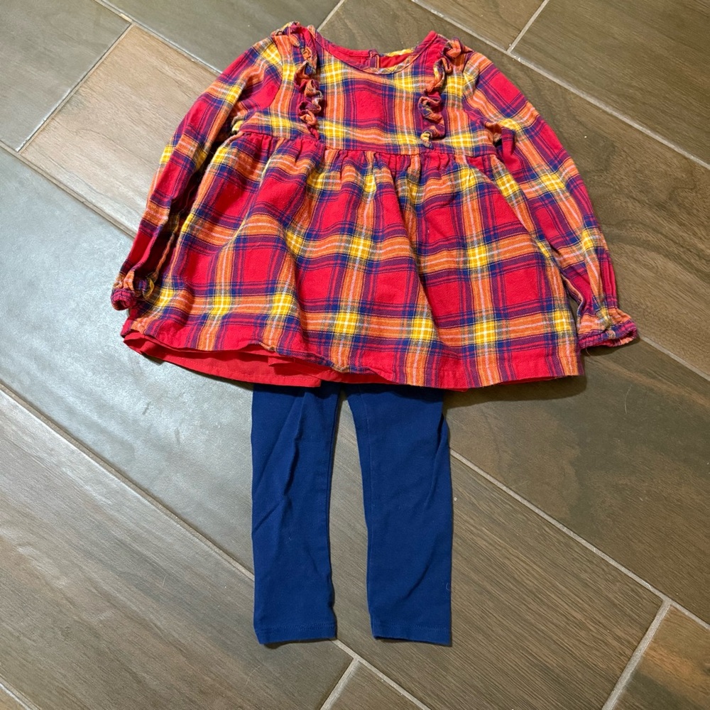 Tahari Girl’s Red Orange Blue Plaid Apple Button Peasant Top and Legging Set 3T